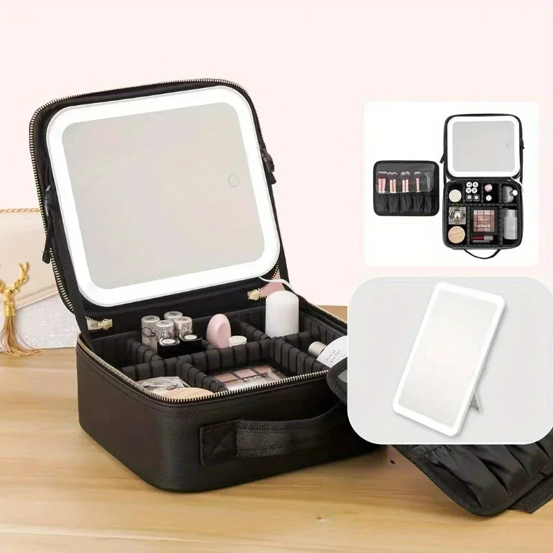 LED Lighted Makeup Train Case | 3-Color Mirror & Organizer Lighted Makeup Train Case QXL black
