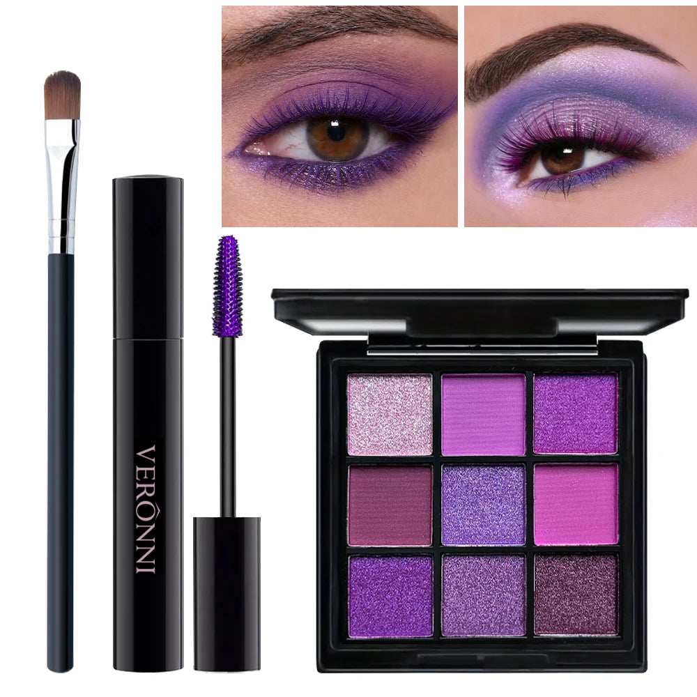 9-Shade Purple Eyeshadow Palette, Mascara & Brush Set Eye Makeup Set QXL