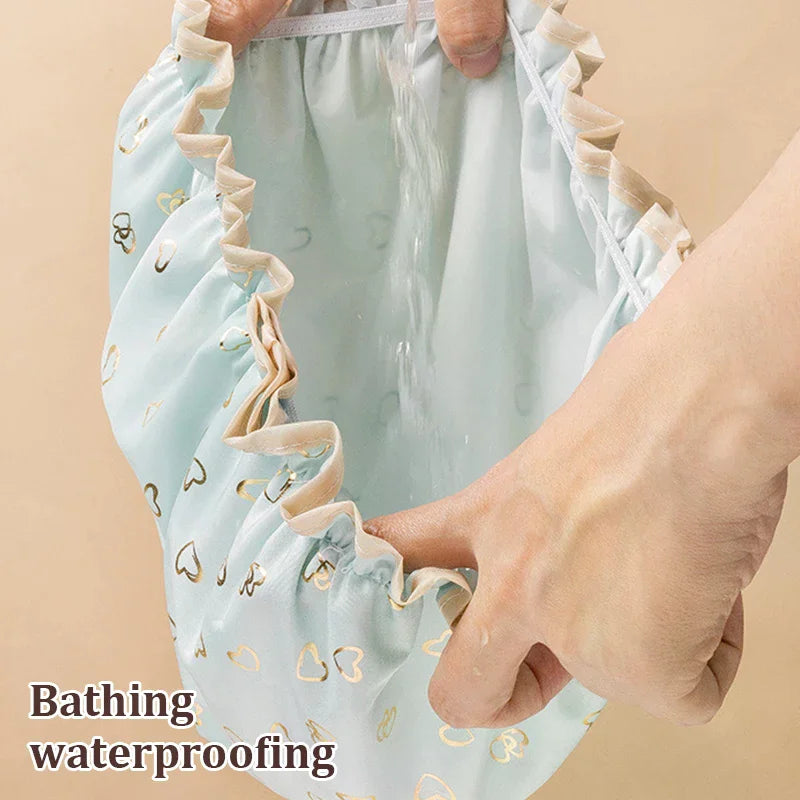 Double Layer Waterproof Shower Cap | PEVA Elastic Hair Cover Shower Cap QXL