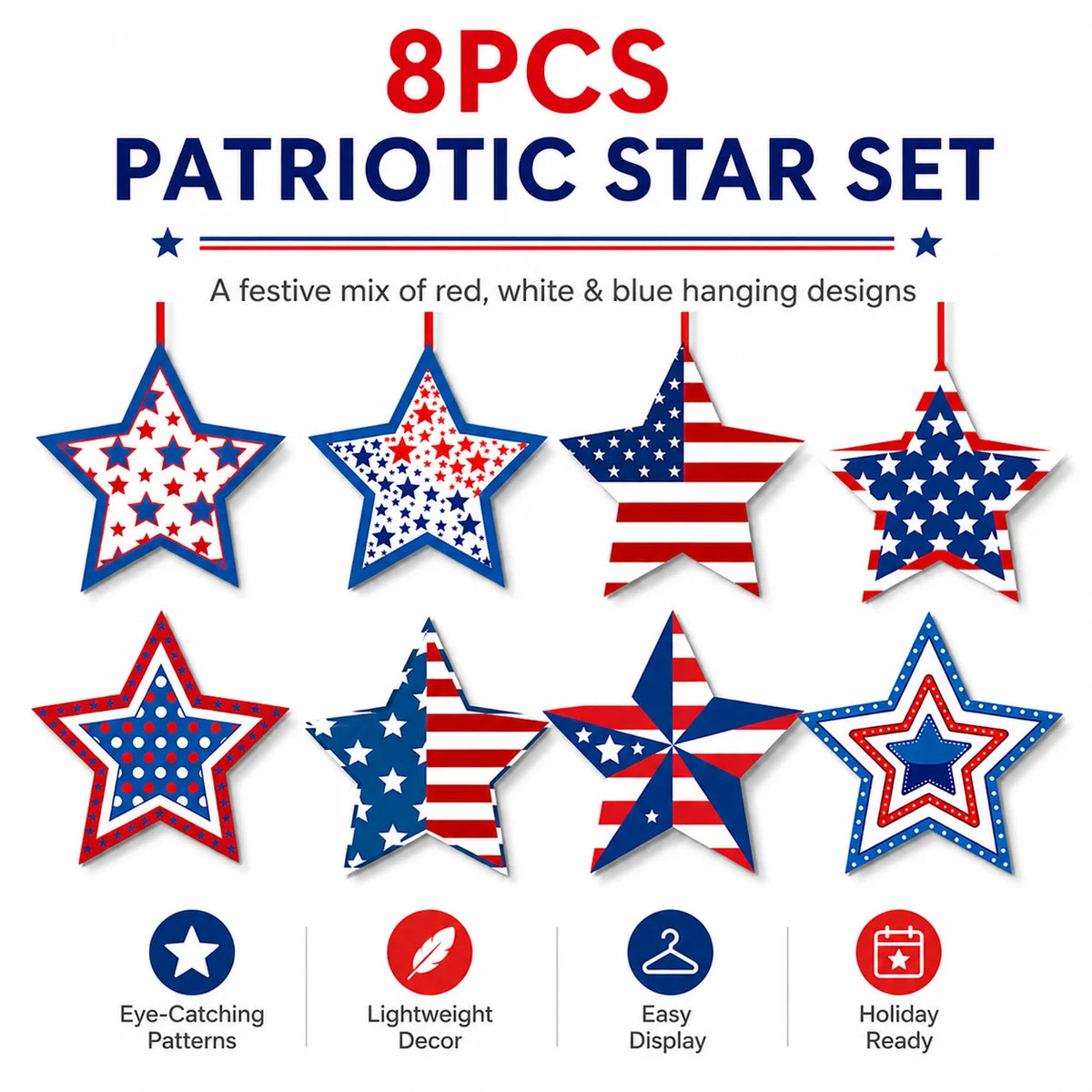 8-Pack 4th of July Hanging Star Ornaments | Red White Blue Party Hanging Ornaments QXL