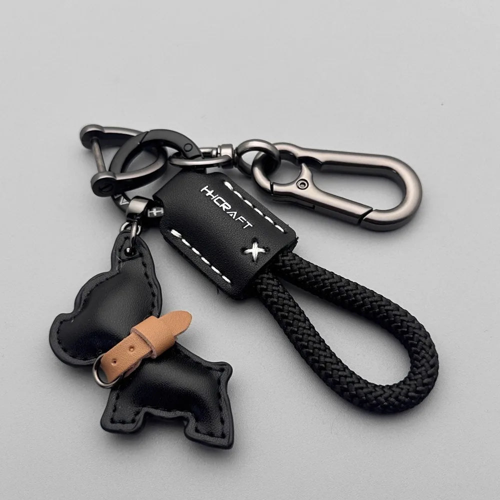 French Bulldog Genuine Leather Keychain with Braided Rope Novelty Keychain QXL