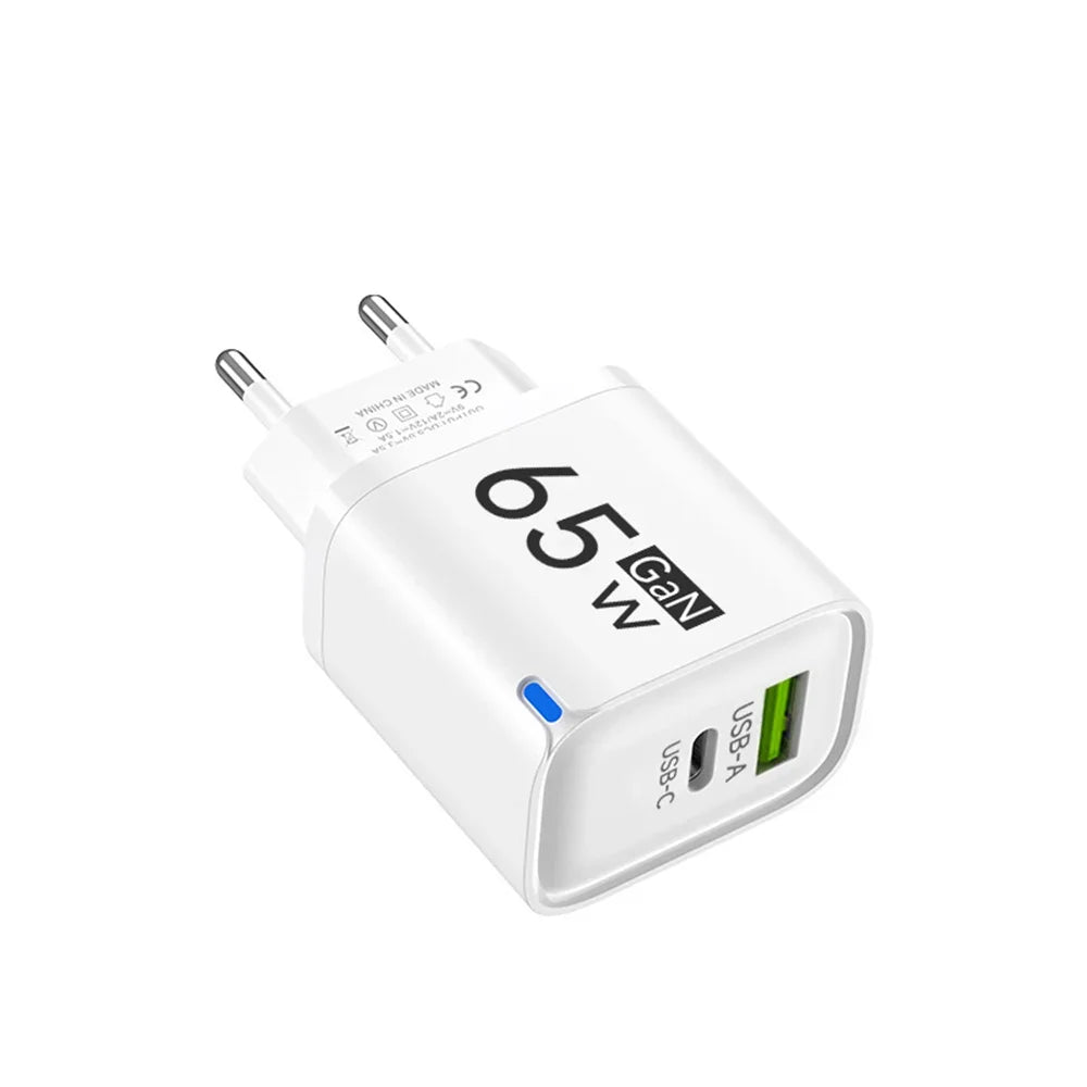 65W GaN USB-C PD Fast Charger QC 3.0 | iPhone & Android GaN Fast Charger QXL White EU Plug