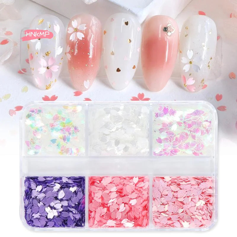 6-Grid Cherry Blossom Nail Glitter Sequins | Holographic Flakes Nail Glitter Sequins QXL