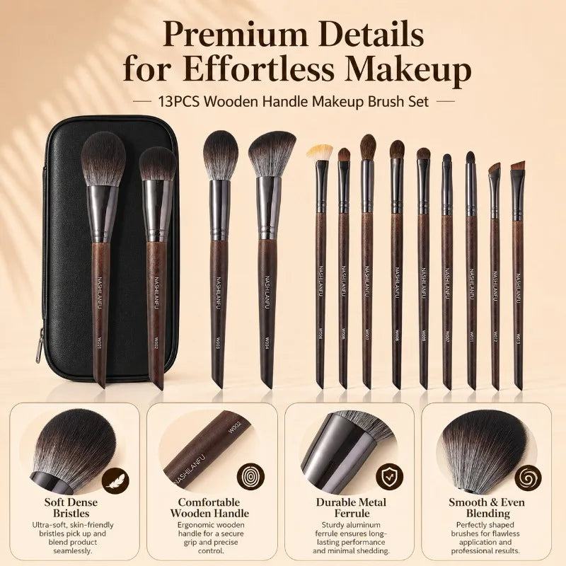 13-Pc Wooden Handle Makeup Brush Set with Storage Pouch Makeup Brush Set QXL