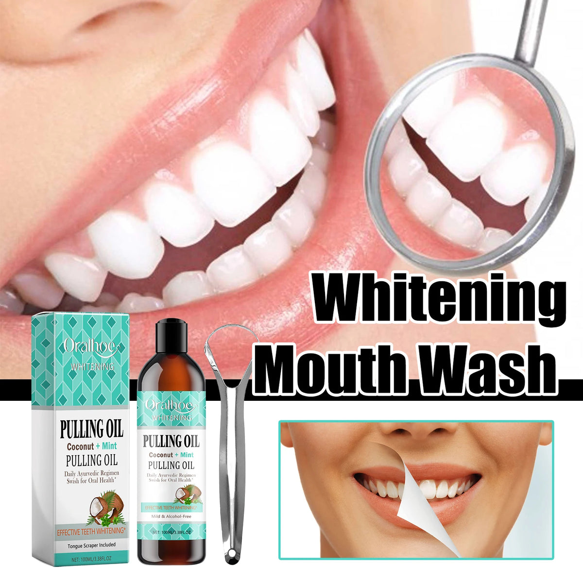 Coconut Mint Oil Pulling Mouthwash & Tongue Scraper Kit Oil Pulling Mouthwash QXL