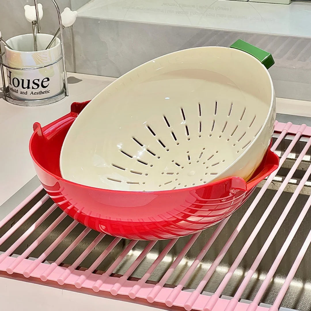 Double-Layer Fruit & Vegetable Washing Basket Tray Fruit Washing Basket QXL Red