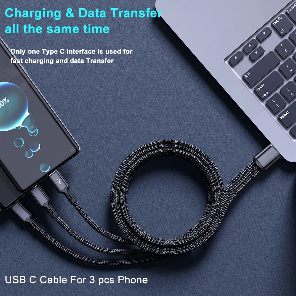 3-in-1 USB-A to USB-C Cable 100W 6A Fast Charging & Data Sync USB-C Charging Cable QXL