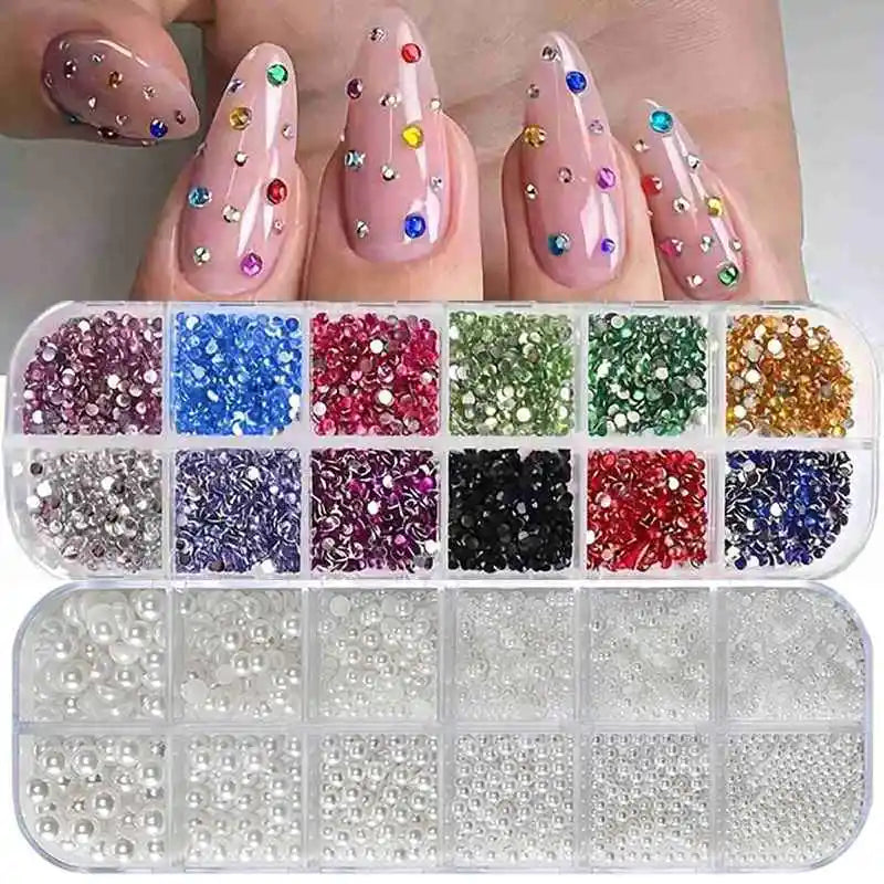 3D Acrylic Half Round Pearl Nail Gems | Multi-Size DIY Set Nail Rhinestones QXL 2Pcs Box Style 1