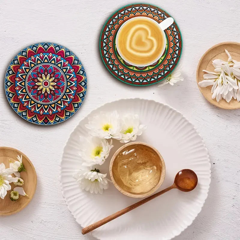 8-Piece Mandala Wooden Coasters Set | Home Bar & Decor Wooden Coaster Set QXL