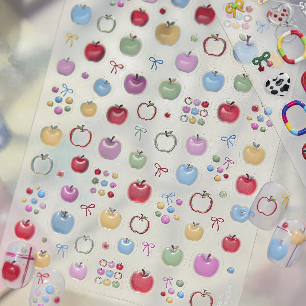 5D Gradient Apple & Bow Nail Stickers | Summer Decals Nail Art Stickers QXL
