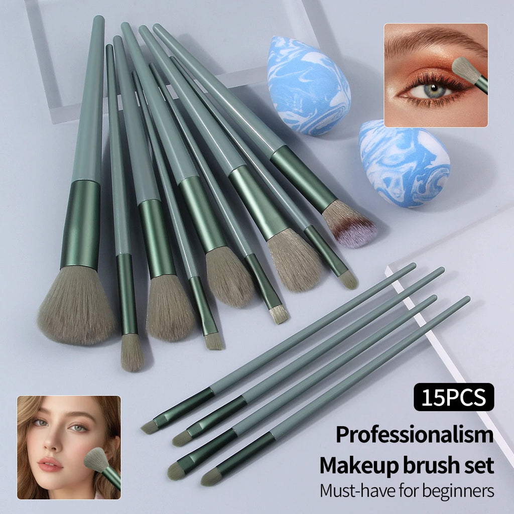 KOSSHOW 15-Pc Green Makeup Brush Set with Sponges Makeup Brush Set QXL