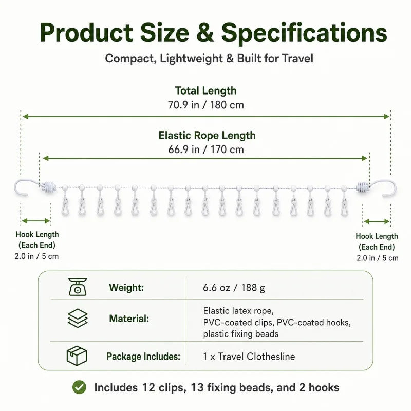 Portable Travel Clothesline – 12 Windproof Clips & Hooks Travel Clothesline QXL