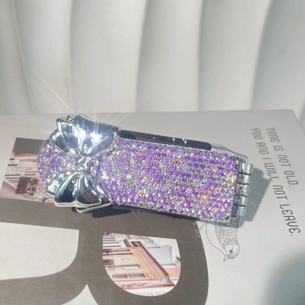 Mini Folding Airbag Comb & Compact Makeup Mirror | Diamond Folding Comb Mirror QXL Purple Diamond Foldi