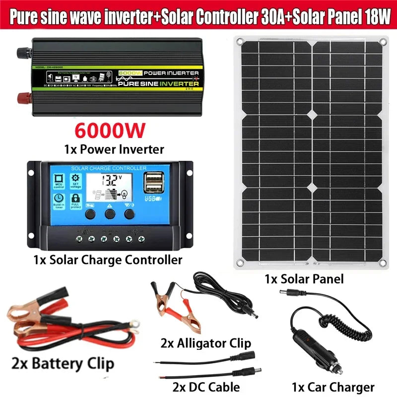 6000W Solar Power Kit | Pure Sine Wave Inverter + 30A Controller Solar Power Kit QXL 6000W 220V 60hz 12V