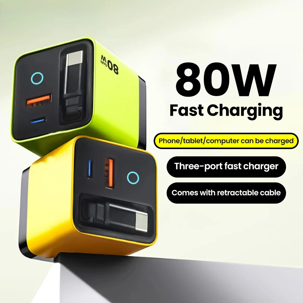 80W GaN Fast Charger USB-C Wall Plug with Retractable Cable GaN Wall Charger QXL