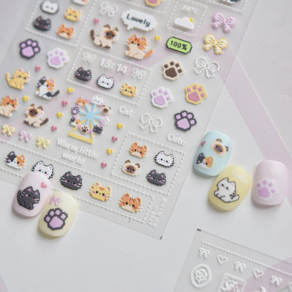 5D Cat Pixel Bead Nail Stickers | Self-Adhesive Cartoon Decals Nail Art Stickers QXL