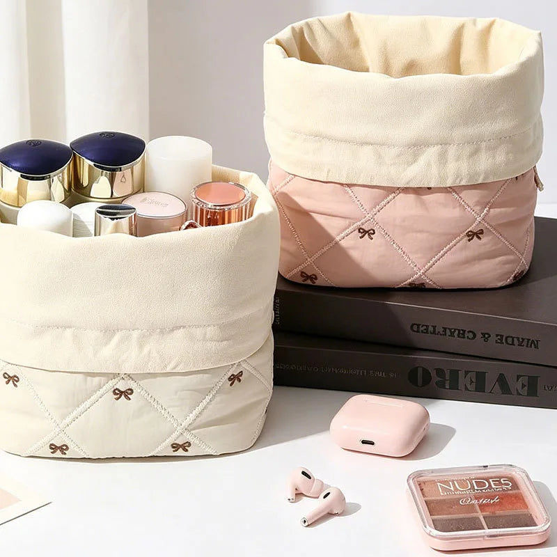 Quilted Drawstring Makeup Bag | Bow Embroidery Cosmetic Organizer Cosmetic Drawstring Bag QXL