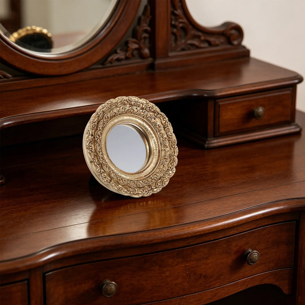 8-Inch Golden Vintage Round Embossed Makeup Hand Mirror Decorative Hand Mirror QXL
