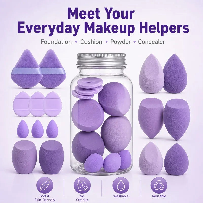 14-Pc Makeup Sponge & Puff Set with Storage Jar | Wet & Dry Makeup Sponge Set QXL