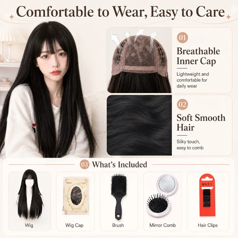 Long Straight Black Wig – Air Bangs & S-Shape Parting Synthetic Hair Wig QXL