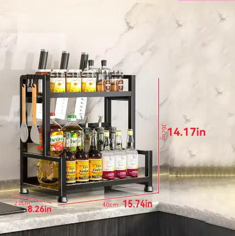 3-Tier Adjustable Metal Spice Rack with Knife Holder – Black Kitchen Spice Rack QXL 2 Tiers Black-6