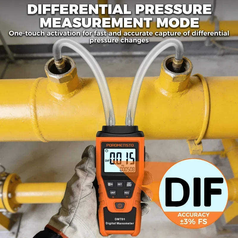 POROMETISTO DMT01 Digital Manometer | 12-Unit Dual Port Gauge Digital Manometer QXL