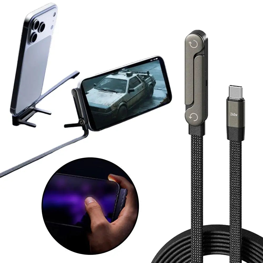 240W USB-C Fast Charging Cable with 360° Folding Phone Holder Charging Cable Holder QXL