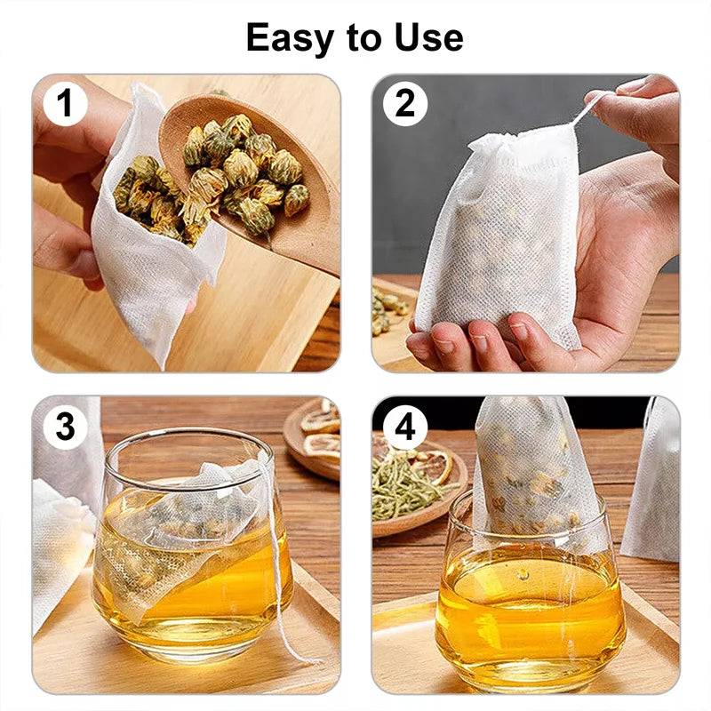 100-Pack Drawstring Disposable Tea Filter Bags | Non-Woven Tea Filter Bags QXL