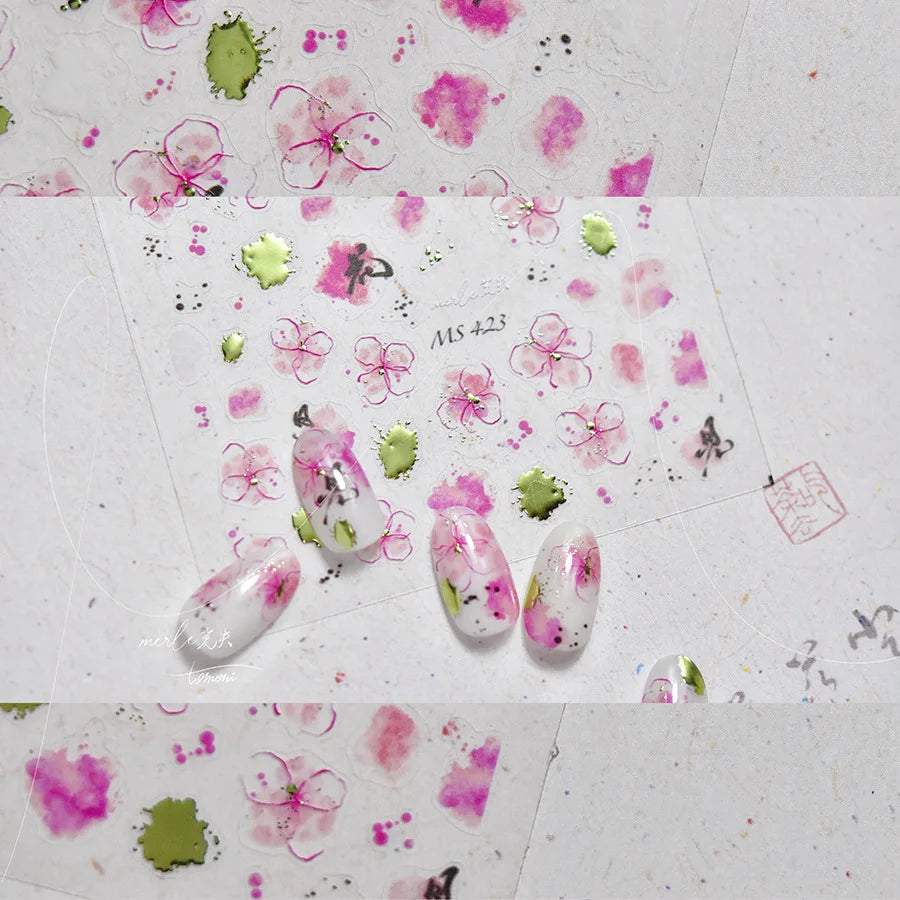 5D Lotus Flower Nail Stickers | Pink Ink Wash Floral Decals Nail Art Stickers QXL