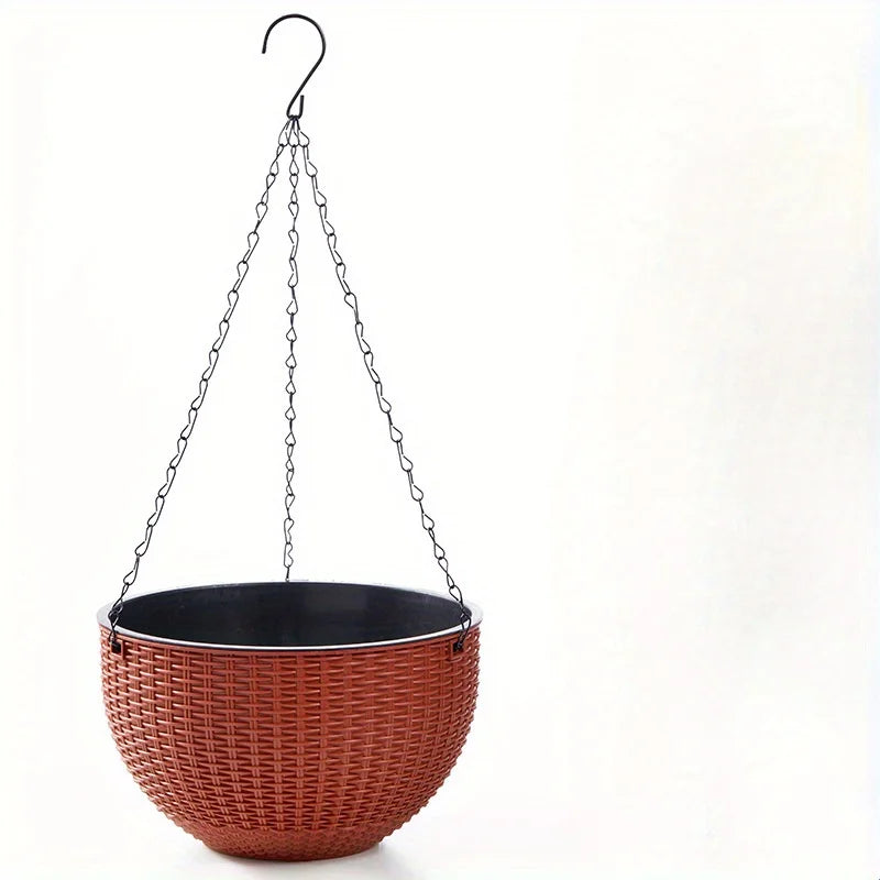 Self-Watering Hanging Planter | Rattan Design | Easy Drain Hanging Planter QXL Brown