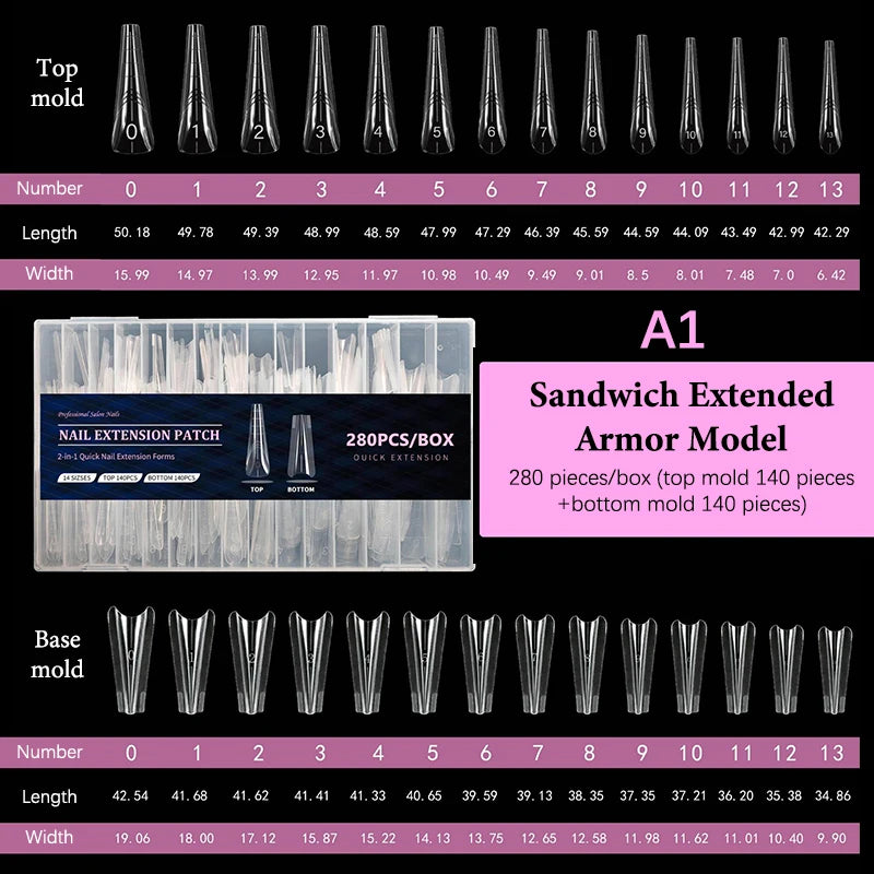 280-Pc Dual Nail Forms | 14 Sizes Coffin & Almond Extensions Nail Extension Forms QXL A1