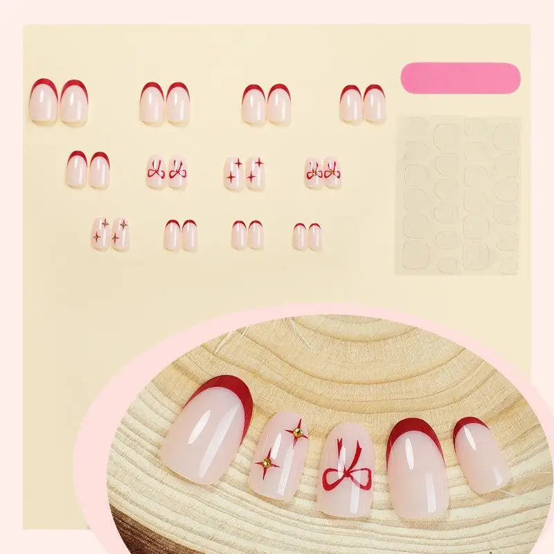 24-Pc Almond Press-On Nails | Pink Bowknot French Tip Press-On Nail Set QXL