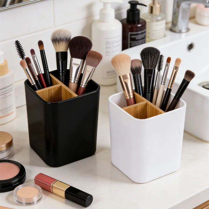 Makeup Brush Holder Organizer | 3-Slot Bamboo Divider Makeup Brush Organizer QXL