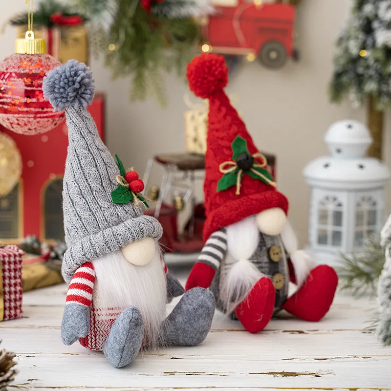 Nordic Sitting Gnome Ornaments | Knitted Hat Santa Dolls 2-Pack Christmas Gnome Ornament QXL