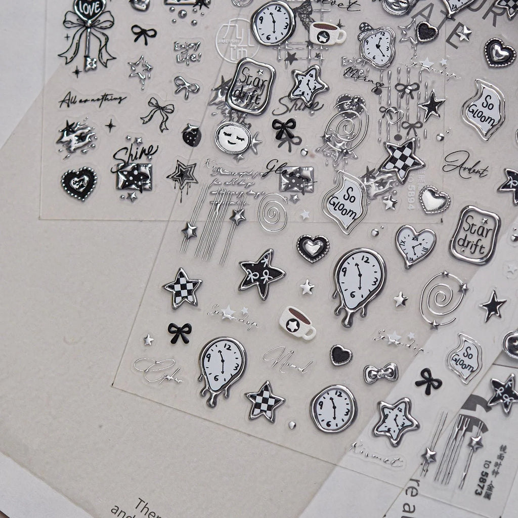 5D Mirror Metal Nail Stickers – Silver & Black Self-Adhesive Nail Art Stickers QXL