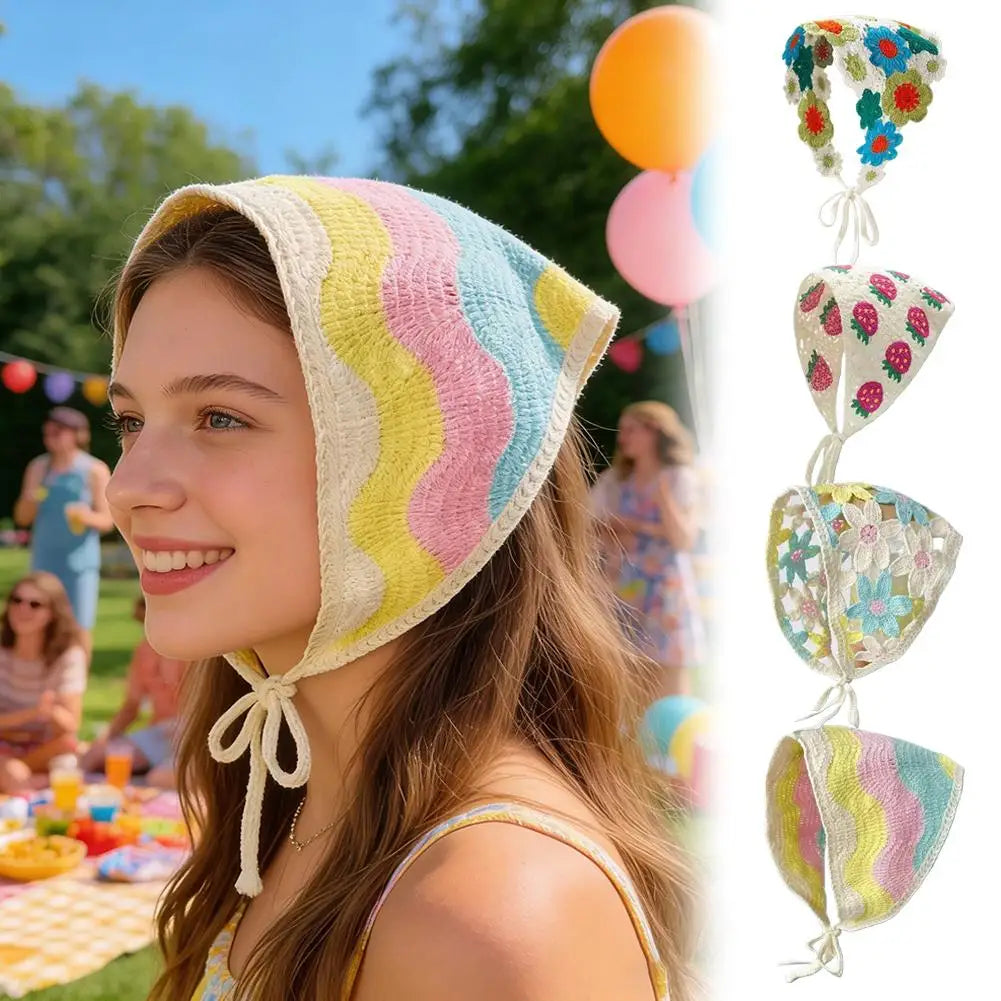Boho Crochet Triangle Headscarf | Floral Mesh Beach Headband Triangle Headscarf QXL