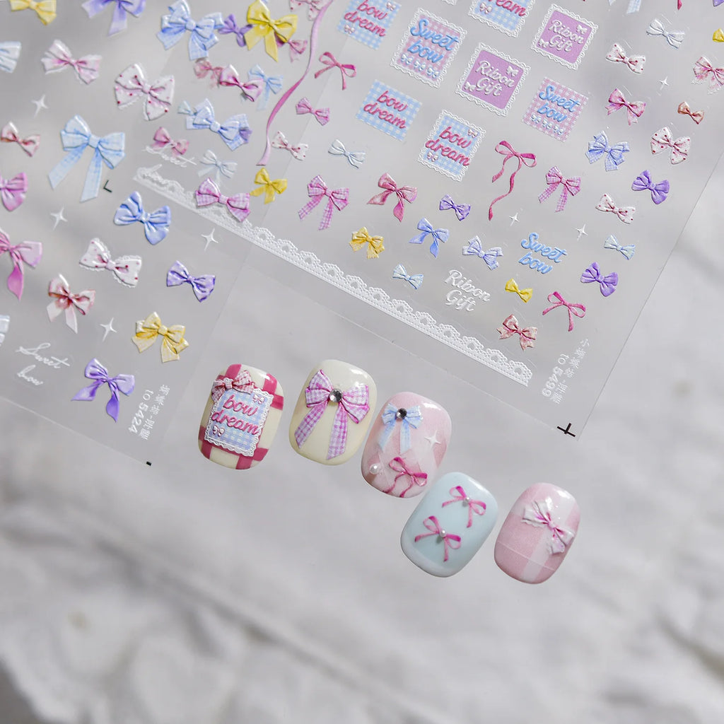 5D Nail Art Stickers – Macaron Bow & Plaid Satin Ribbon Decals Nail Art Stickers QXL