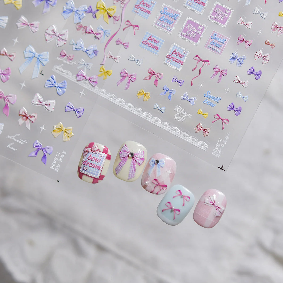 5D Nail Art Stickers – Macaron Bow & Plaid Satin Ribbon Decals Nail Art Stickers QXL