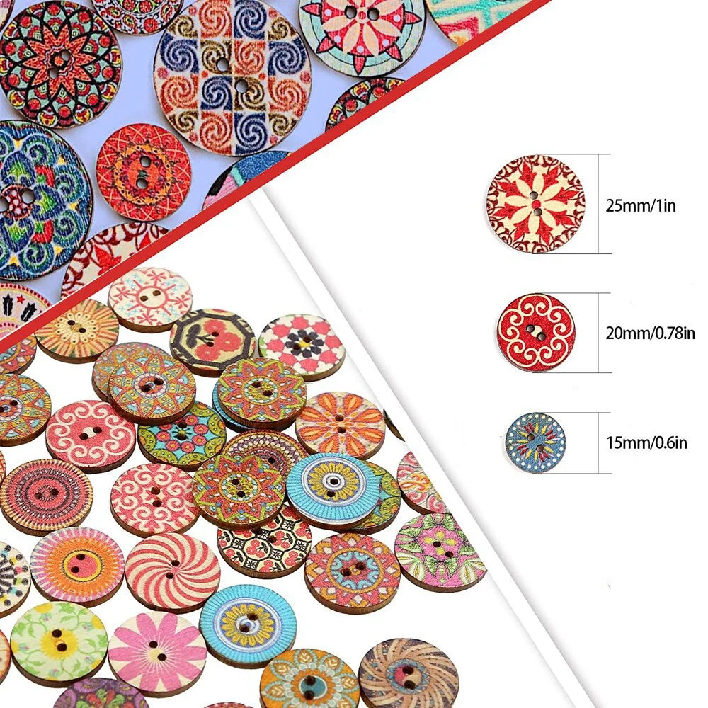 Floral Wooden Buttons 2-Hole 50/100 Pack | Assorted DIY Sewing Wooden Craft Buttons QXL