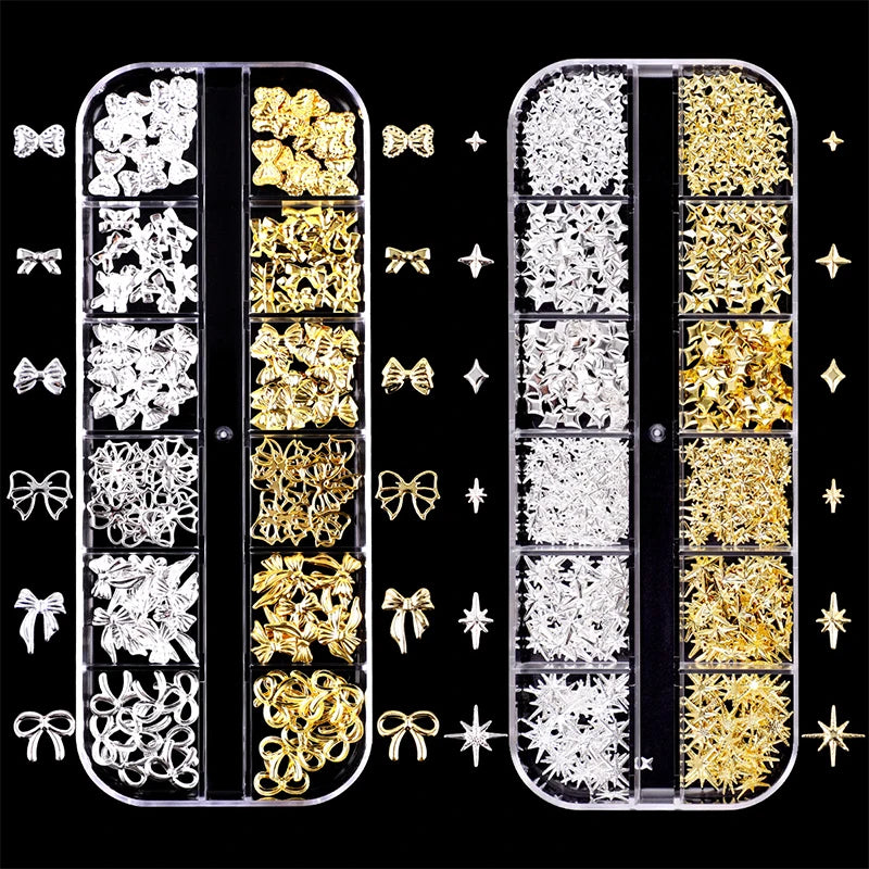 3D Metal Nail Charms Set | Gold & Silver Bowknot Stars 2-Box 3D Nail Charms QXL 2 boxes