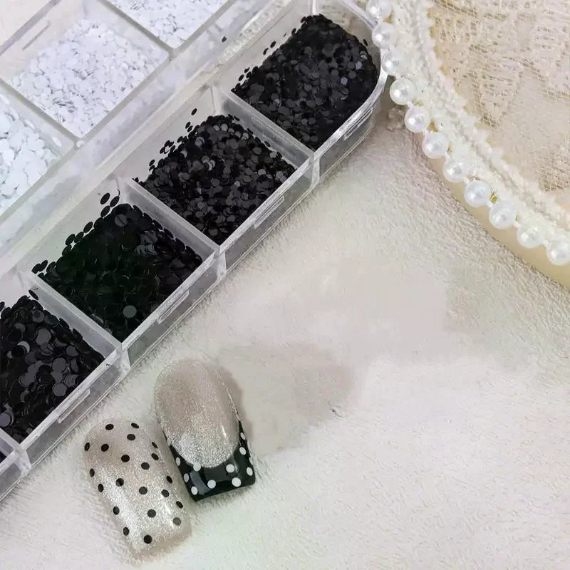 12-Grid Black & White Polka Dot Nail Glitter Sequins Set Nail Art Sequins QXL
