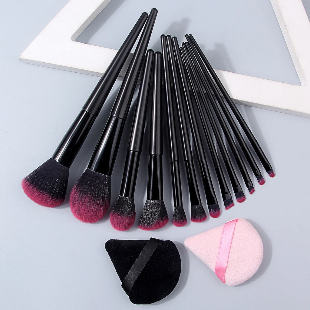 KOSSHOW 14-Pc Makeup Brush Set with Powder Puffs | Pink & Black Makeup Brush Set QXL