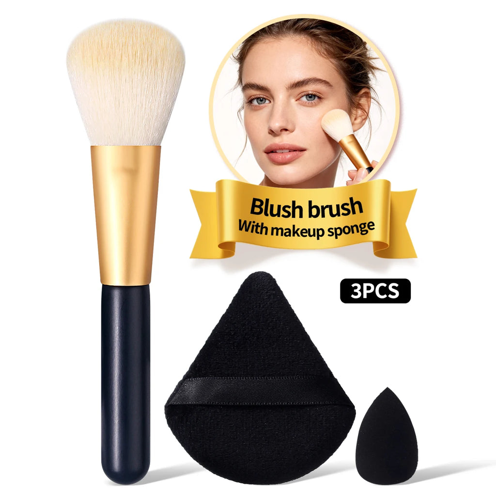 KOSSHOW 3-Piece Blush Brush & Makeup Puff Set | Powder Kit Makeup Brush Set QXL black