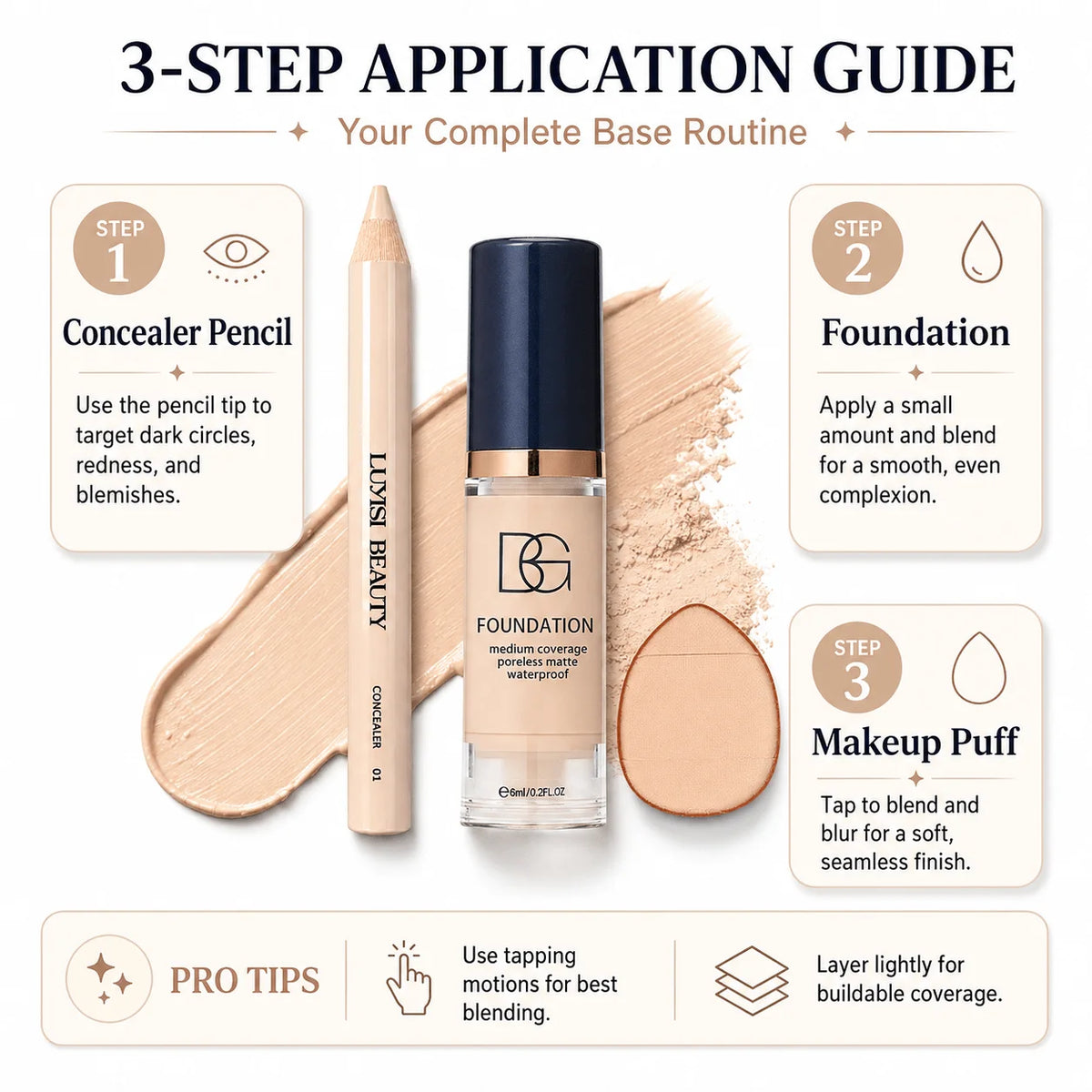 3-Piece Makeup Set: Concealer, Liquid Foundation & Puff Kit Foundation Makeup Set QXL