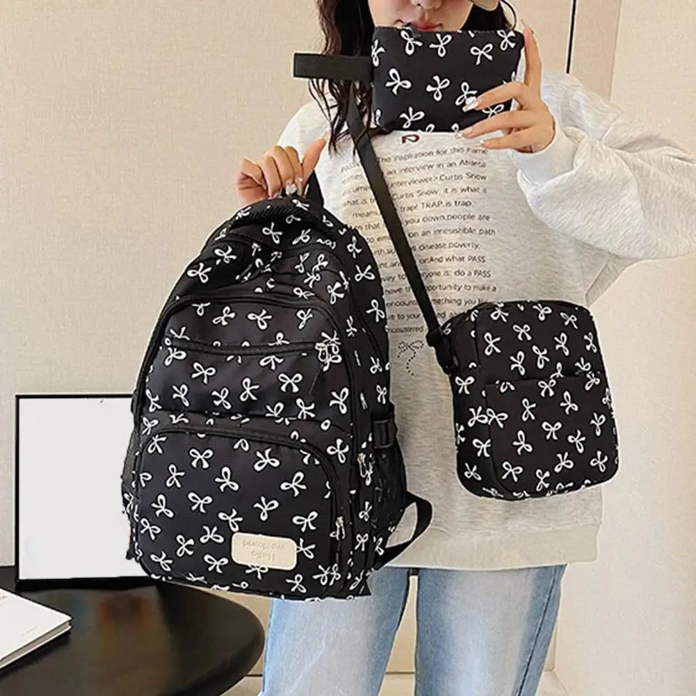 3-Piece Bow Nylon Backpack Set | Large School & Travel Bag Backpack Set QXL