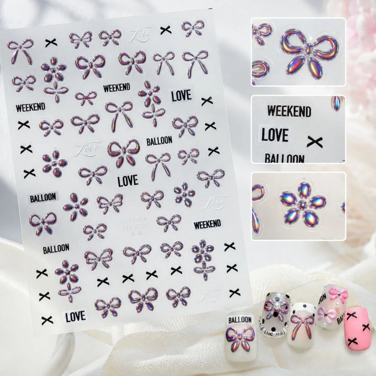 5D Holographic Nail Stickers – Bow & Flower Y2K Decals Nail Art Stickers QXL