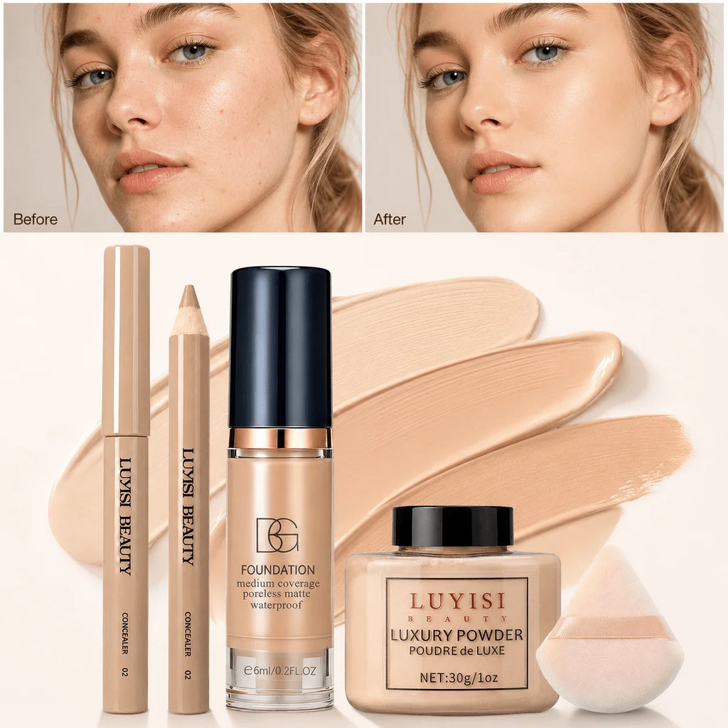 4-Piece Makeup Set | Concealer, Foundation, Powder & Puff Facial Makeup Set QXL