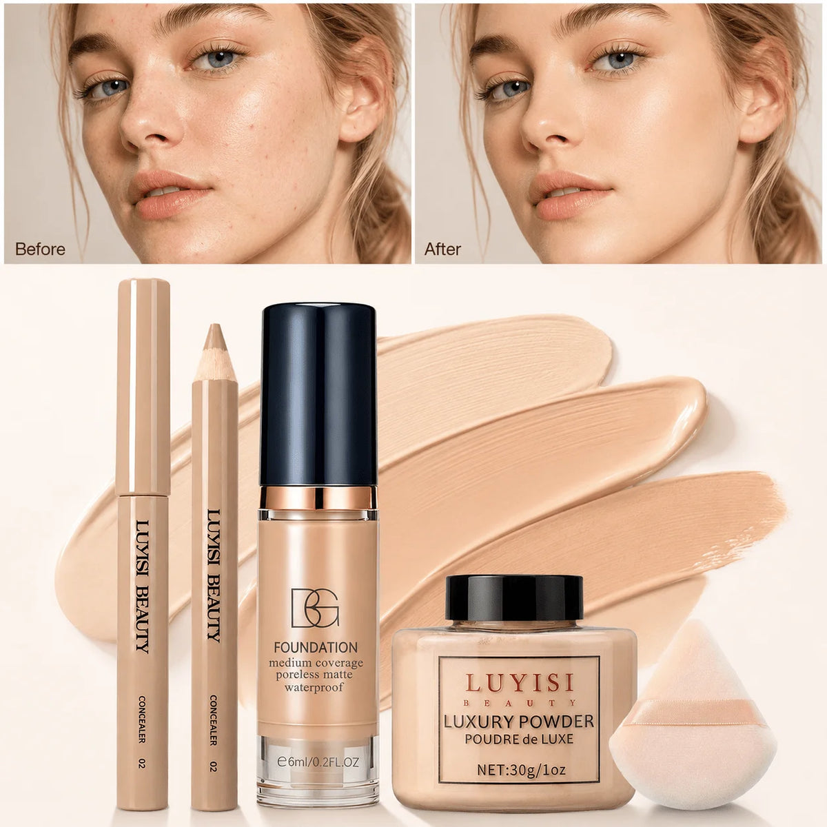 4-Piece Makeup Set | Concealer, Foundation, Powder & Puff Facial Makeup Set QXL