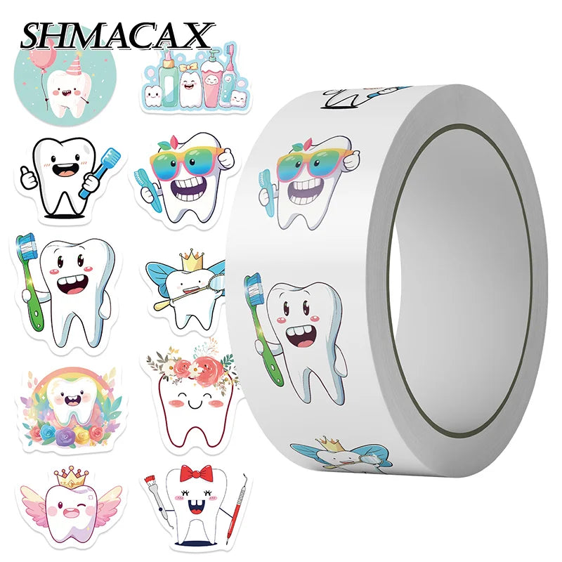 500 Cartoon Tooth Stickers Roll | Kids Dental Reward Stickers Reward Sticker Roll QXL