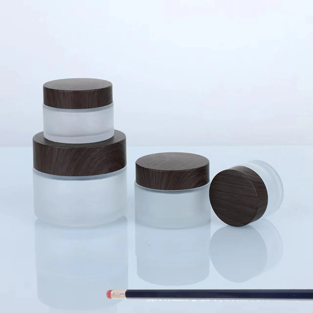 Frosted Glass Cosmetic Bottle with Wood Grain Lid | Travel Cosmetic Storage Jar QXL